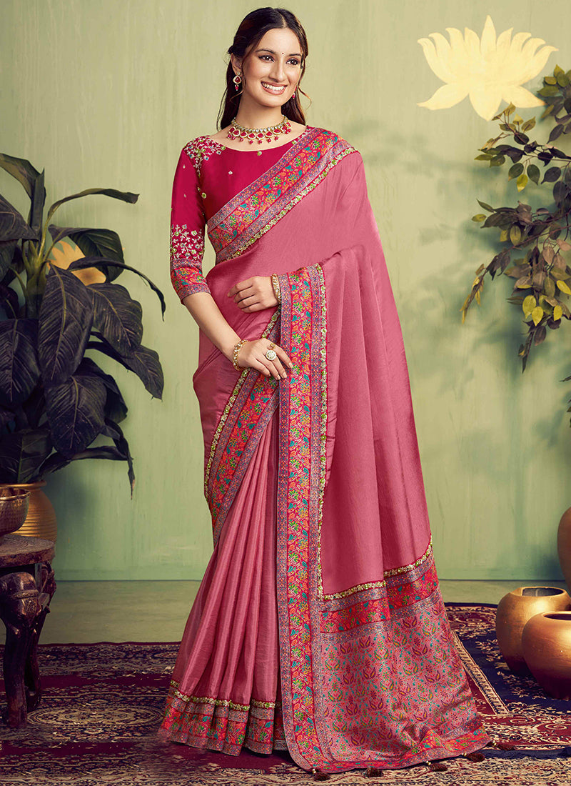Silk Mauve Pink Wedding Wear Embroidery Work Saree 387123