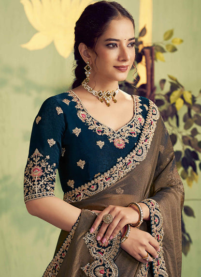 Satin Navy Blue Wedding Wear Embroidery Work Saree 387124