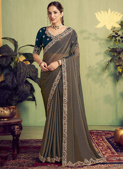 Satin Navy Blue Wedding Wear Embroidery Work Saree 387124