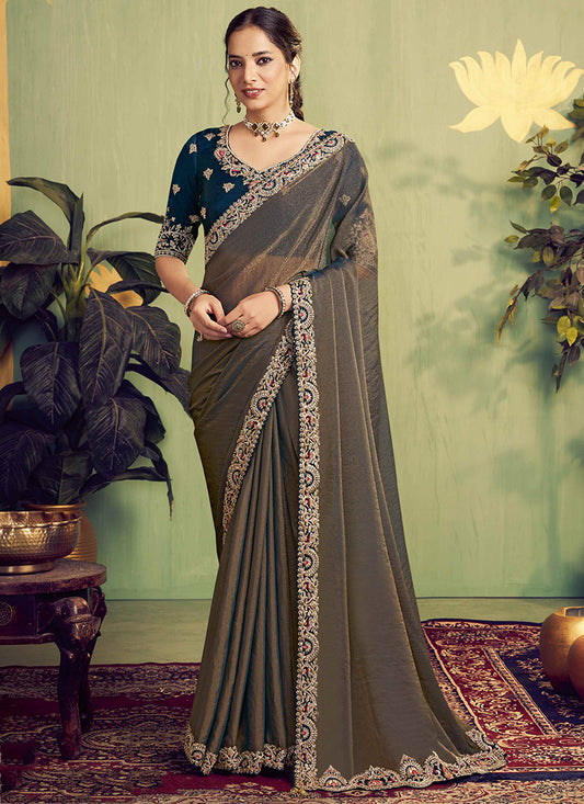 Satin Navy Blue Wedding Wear Embroidery Work Saree 387124