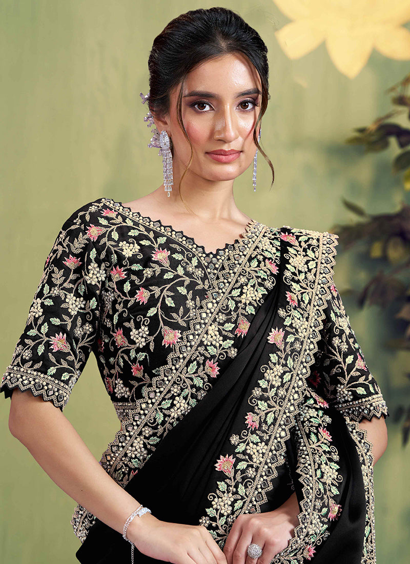 Silk Black Wedding Wear Embroidery Work Saree 387125