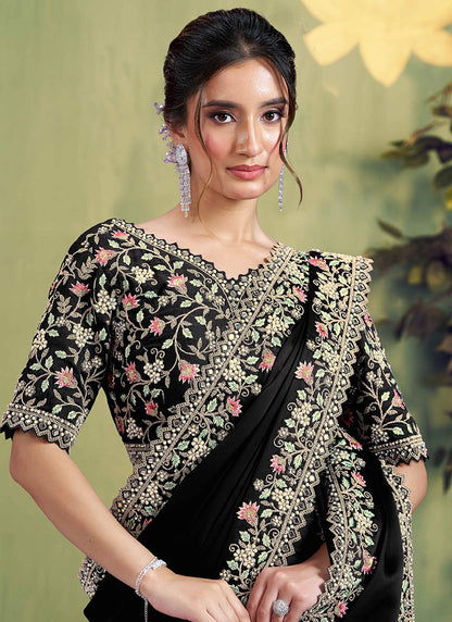Silk Black Wedding Wear Embroidery Work Saree 387125