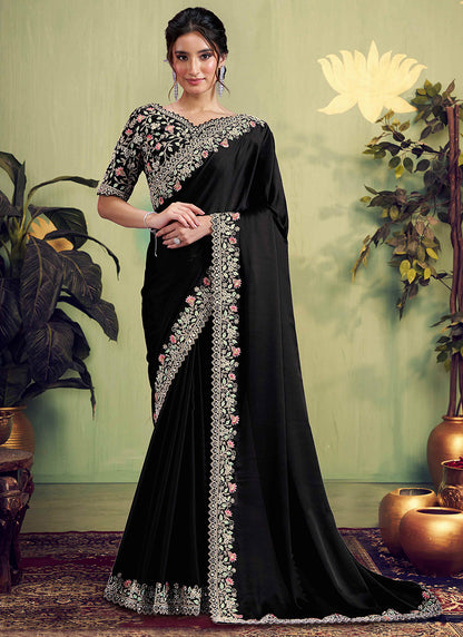 Silk Black Wedding Wear Embroidery Work Saree 387125