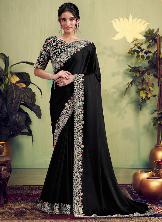 Silk Black Wedding Wear Embroidery Work Saree 387125