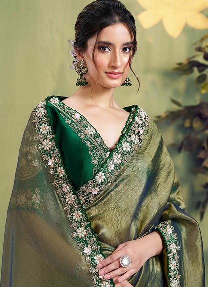 Glass Tissue Green Wedding Wear Embroidery Work Saree 387126