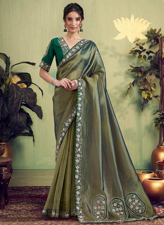 Glass Tissue Green Wedding Wear Embroidery Work Saree 387126