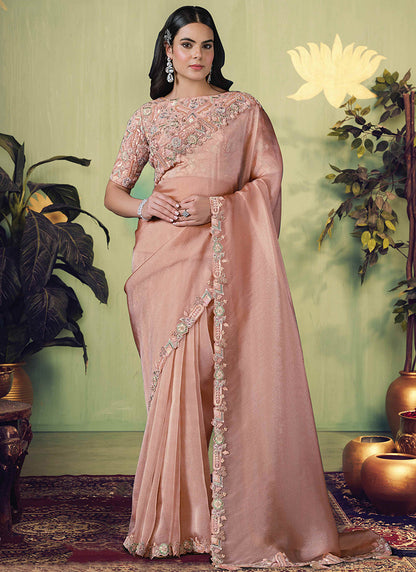 Glass Tissue Peach Wedding Wear Embroidery Work Saree 387127