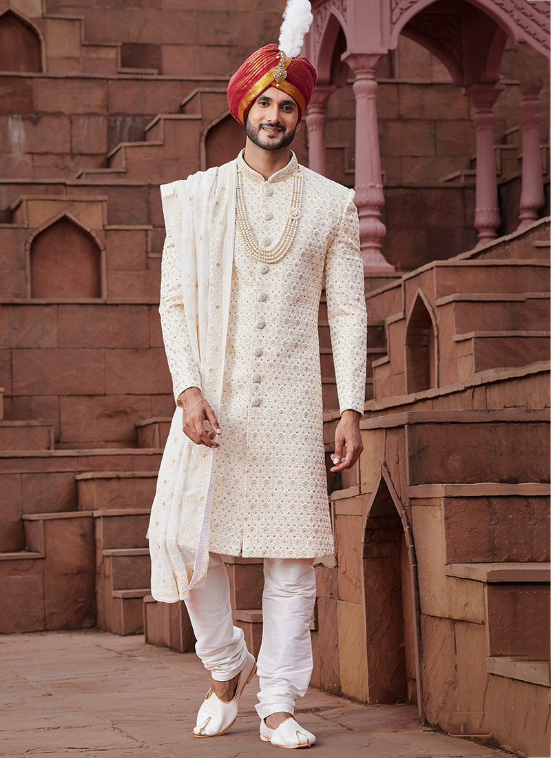 Cream Art Silk Wedding Wear Embroidery Work Readymade Mens Sherwani 334157