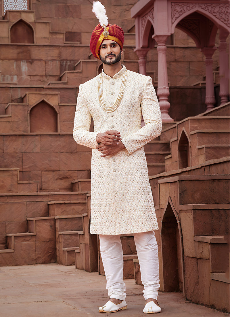 Cream Art Silk Wedding Wear Embroidery Work Readymade Mens Sherwani 334157