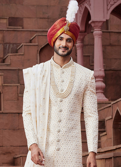 Cream Art Silk Wedding Wear Embroidery Work Readymade Mens Sherwani 334157
