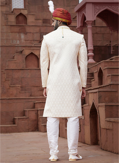Cream Art Silk Wedding Wear Embroidery Work Readymade Mens Sherwani 334157
