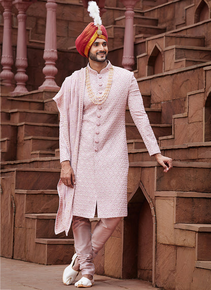 Onion Pink Art Silk Wedding Wear Embroidery Work Readymade Mens Sherwani 334158