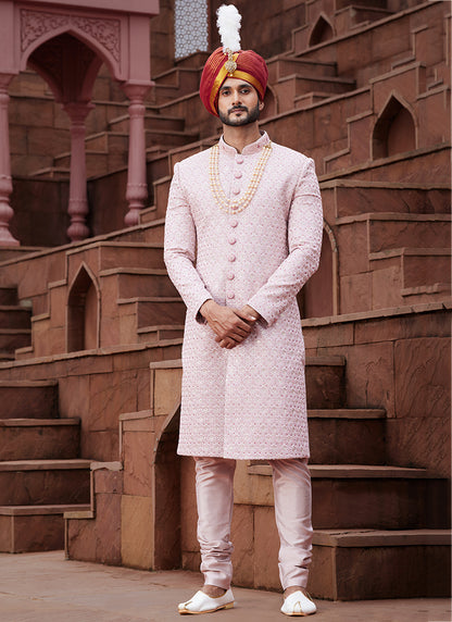 Onion Pink Art Silk Wedding Wear Embroidery Work Readymade Mens Sherwani 334158