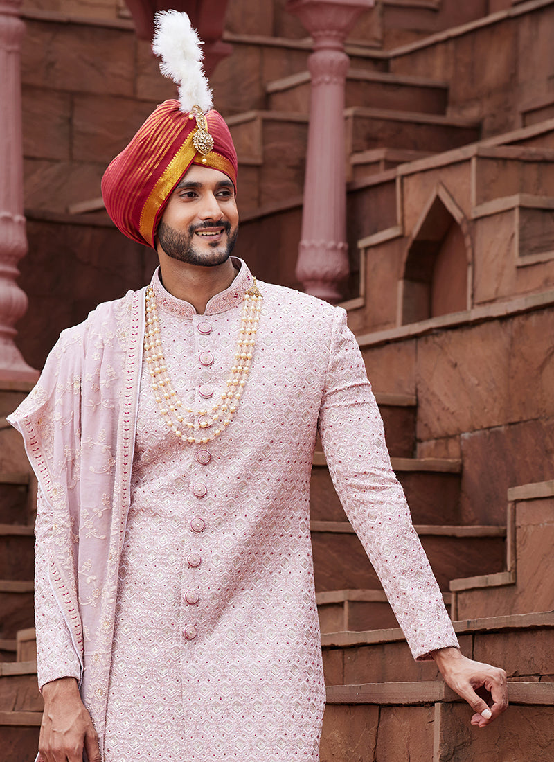 Onion Pink Art Silk Wedding Wear Embroidery Work Readymade Mens Sherwani 334158