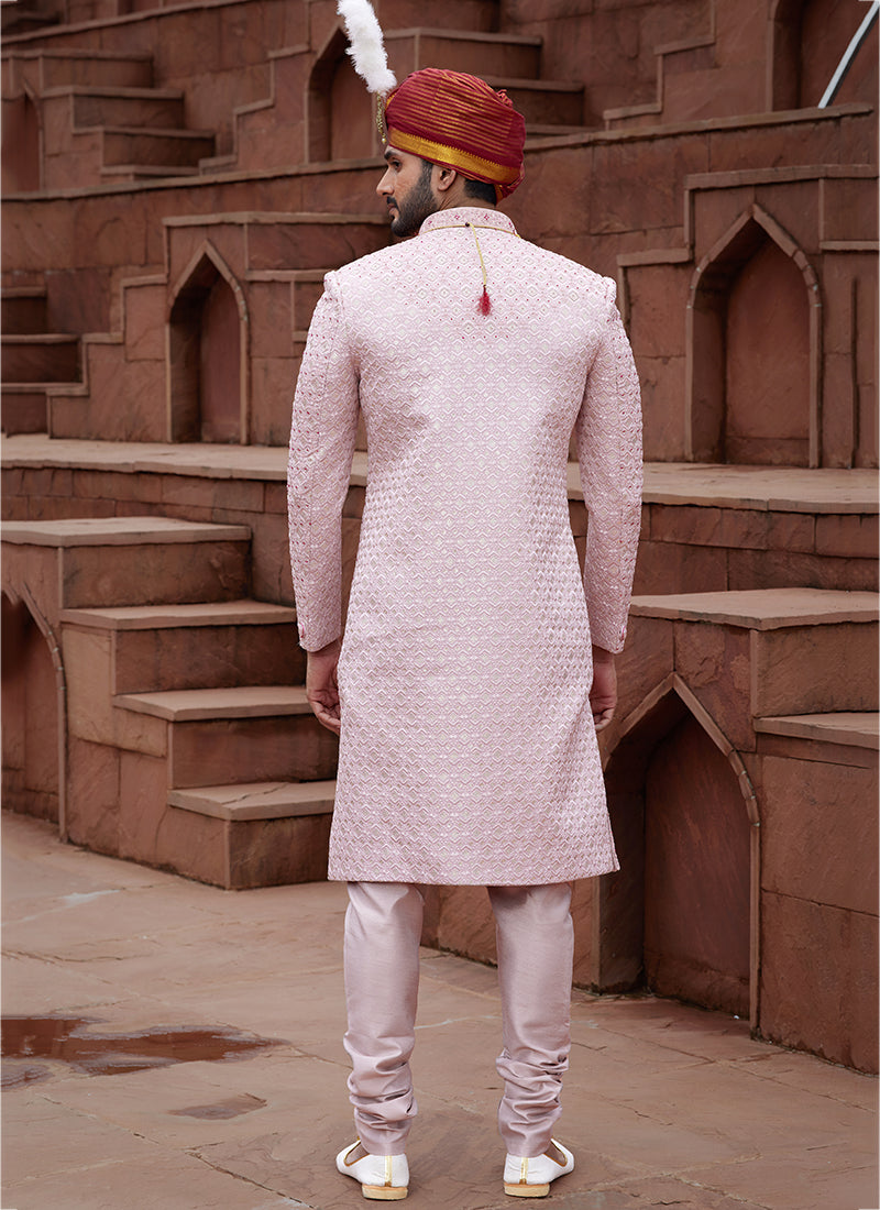 Onion Pink Art Silk Wedding Wear Embroidery Work Readymade Mens Sherwani 334158
