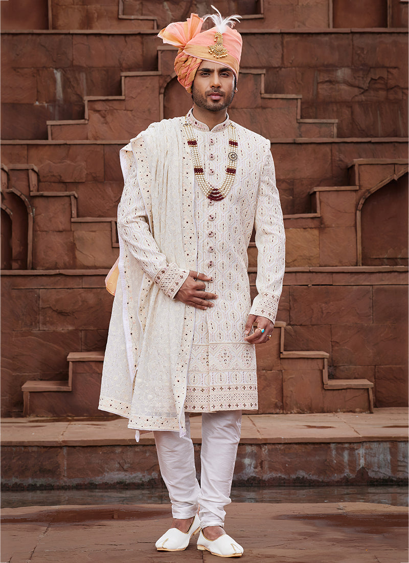 Cream Art Silk Wedding Wear Embroidery Work Readymade Mens Sherwani 334159