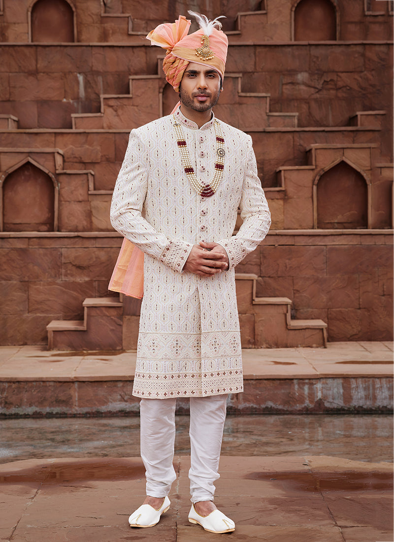 Cream Art Silk Wedding Wear Embroidery Work Readymade Mens Sherwani 334159