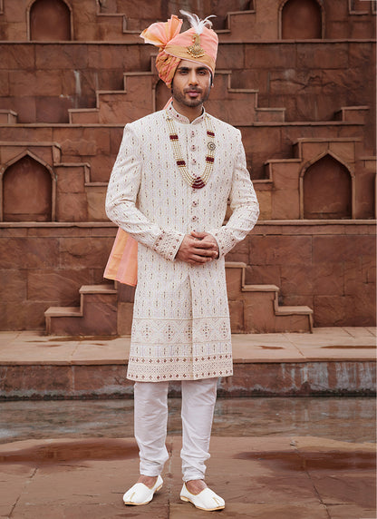 Cream Art Silk Wedding Wear Embroidery Work Readymade Mens Sherwani 334159