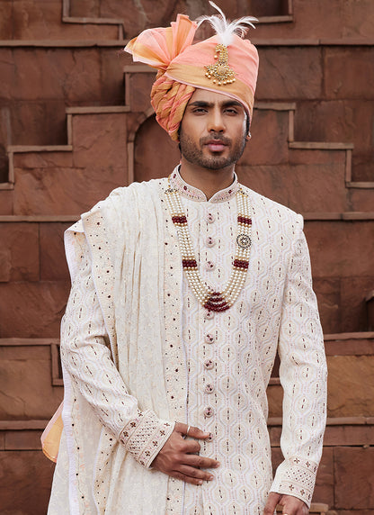 Cream Art Silk Wedding Wear Embroidery Work Readymade Mens Sherwani 334159