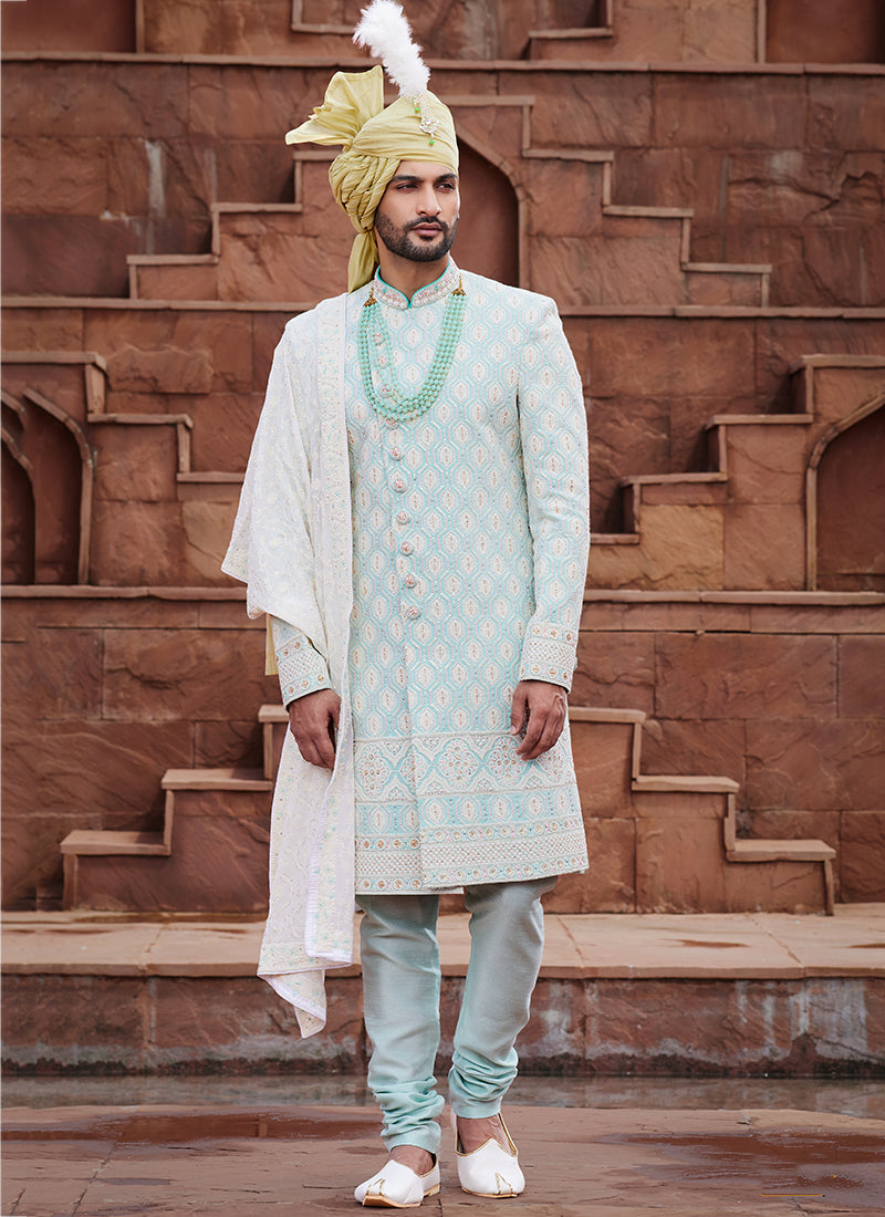 Pista Green Art Silk Wedding Wear Embroidery Work Readymade Mens Sherwani 334160
