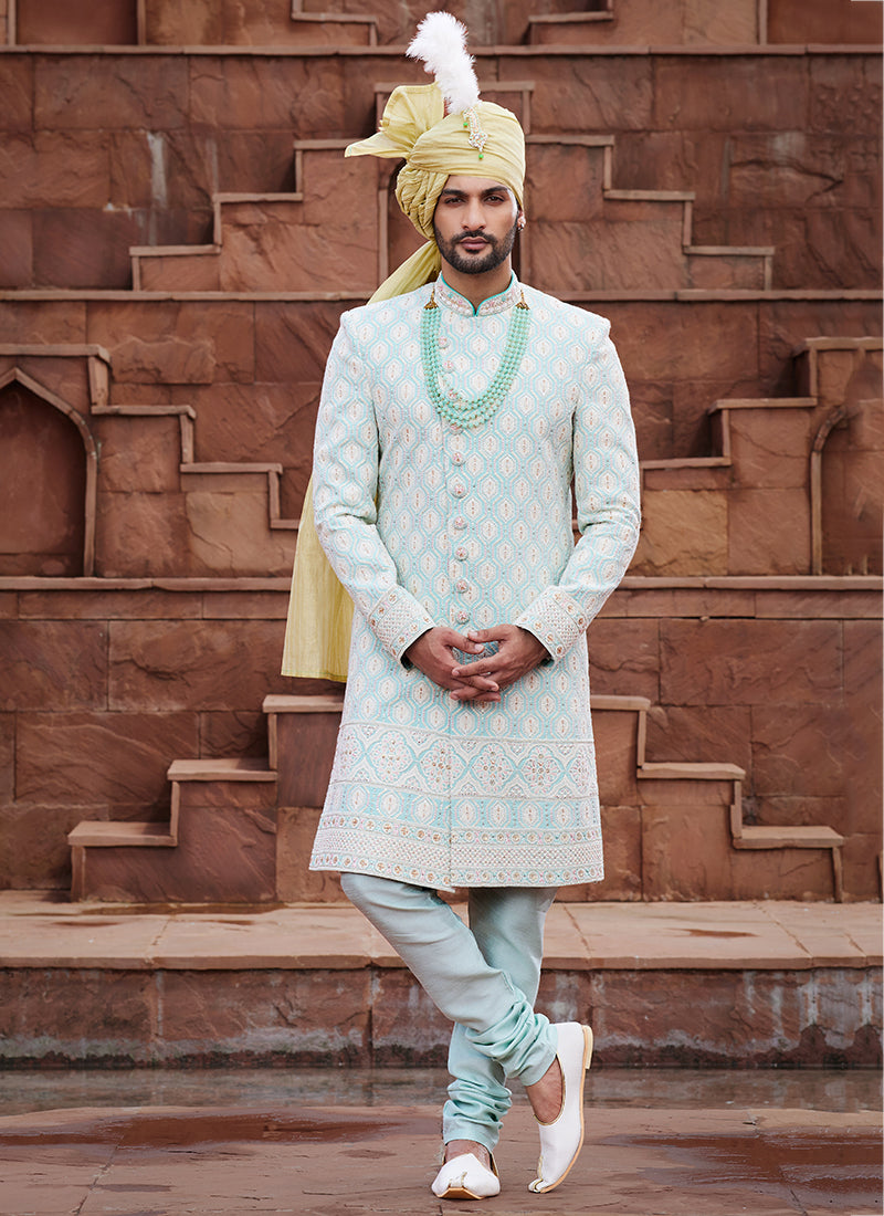 Pista Green Art Silk Wedding Wear Embroidery Work Readymade Mens Sherwani 334160