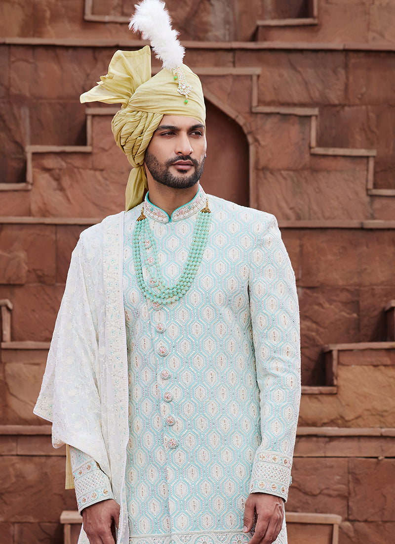 Pista Green Art Silk Wedding Wear Embroidery Work Readymade Mens Sherwani 334160