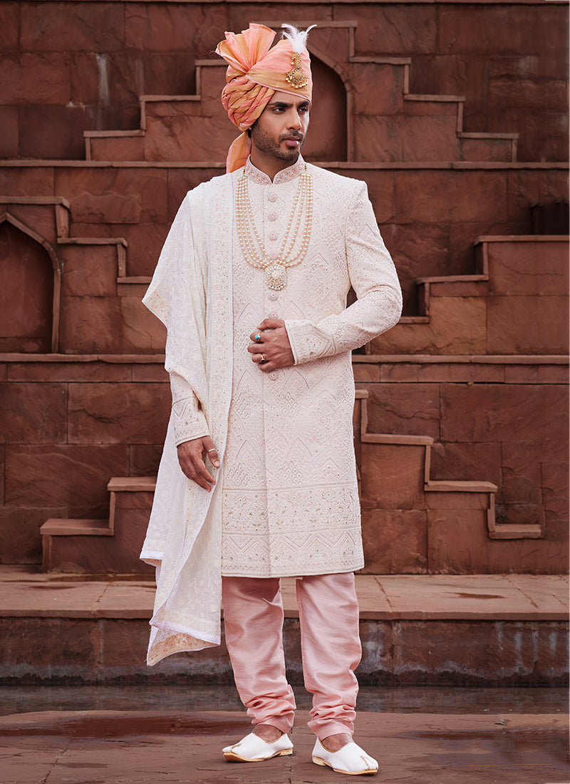 Peach Art Silk Wedding Wear Embroidery Work Readymade Mens Sherwani 334161