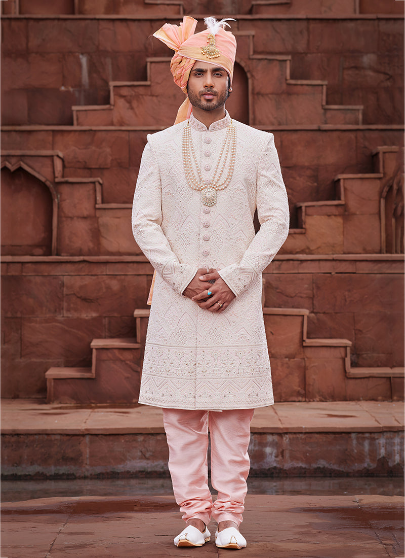 Peach Art Silk Wedding Wear Embroidery Work Readymade Mens Sherwani 334161