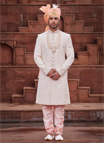 Peach Art Silk Wedding Wear Embroidery Work Readymade Mens Sherwani 334161