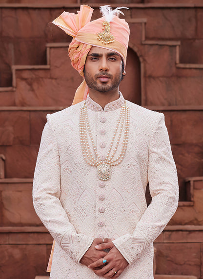Peach Art Silk Wedding Wear Embroidery Work Readymade Mens Sherwani 334161