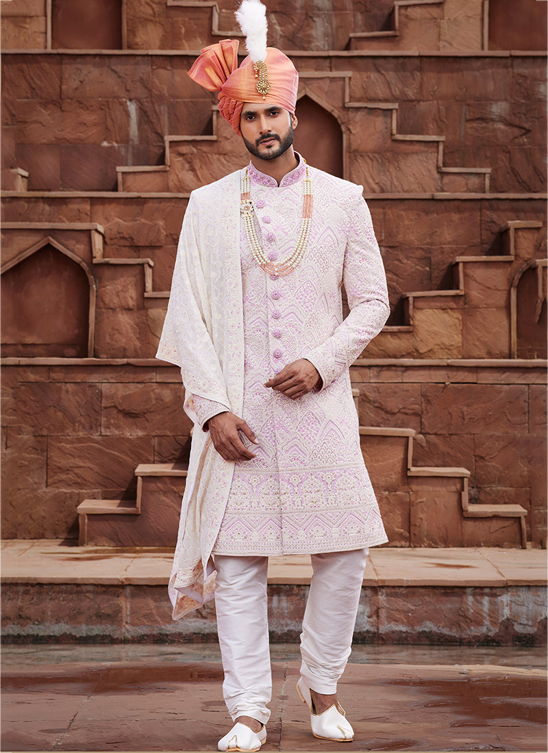 Cream Art Silk Wedding Wear Embroidery Work Readymade Mens Sherwani 334162