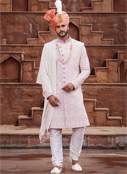 Cream Art Silk Wedding Wear Embroidery Work Readymade Mens Sherwani 334162