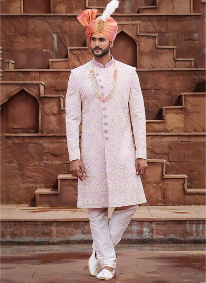 Cream Art Silk Wedding Wear Embroidery Work Readymade Mens Sherwani 334162