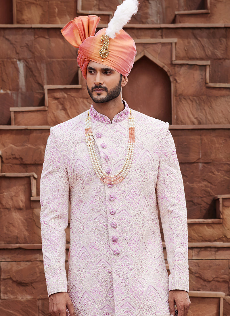 Cream Art Silk Wedding Wear Embroidery Work Readymade Mens Sherwani 334162