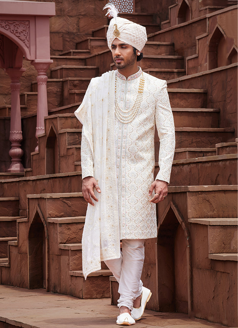 Cream Art Silk Wedding Wear Embroidery Work Readymade Mens Sherwani 334163