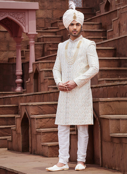 Cream Art Silk Wedding Wear Embroidery Work Readymade Mens Sherwani 334163