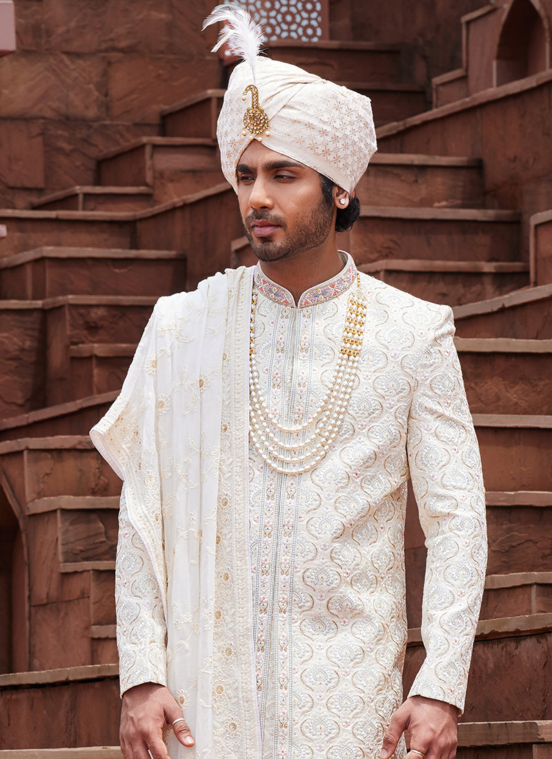Cream Art Silk Wedding Wear Embroidery Work Readymade Mens Sherwani 334163