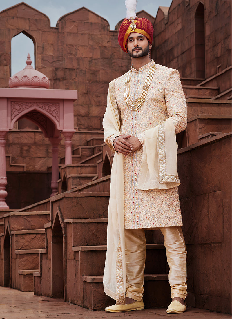 Gold Art Silk Wedding Wear Embroidery Work Readymade Mens Sherwani 334164