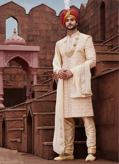 Gold Art Silk Wedding Wear Embroidery Work Readymade Mens Sherwani 334164