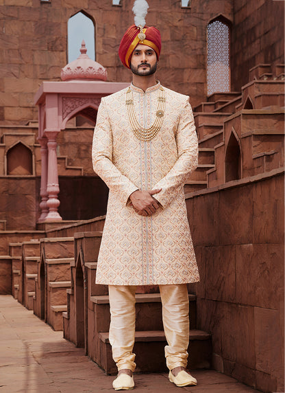 Gold Art Silk Wedding Wear Embroidery Work Readymade Mens Sherwani 334164