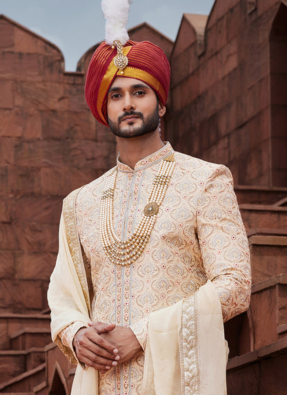 Gold Art Silk Wedding Wear Embroidery Work Readymade Mens Sherwani 334164