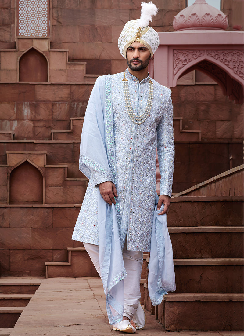 Sky Blue Art Silk Wedding Wear Embroidery Work Readymade Mens Sherwani 334165