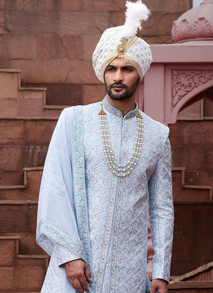 Sky Blue Art Silk Wedding Wear Embroidery Work Readymade Mens Sherwani 334165