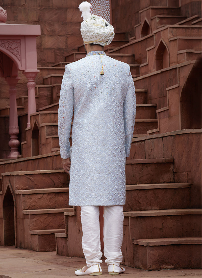 Sky Blue Art Silk Wedding Wear Embroidery Work Readymade Mens Sherwani 334165