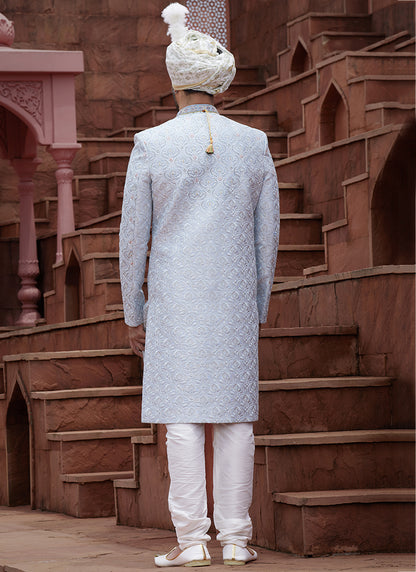 Sky Blue Art Silk Wedding Wear Embroidery Work Readymade Mens Sherwani 334165