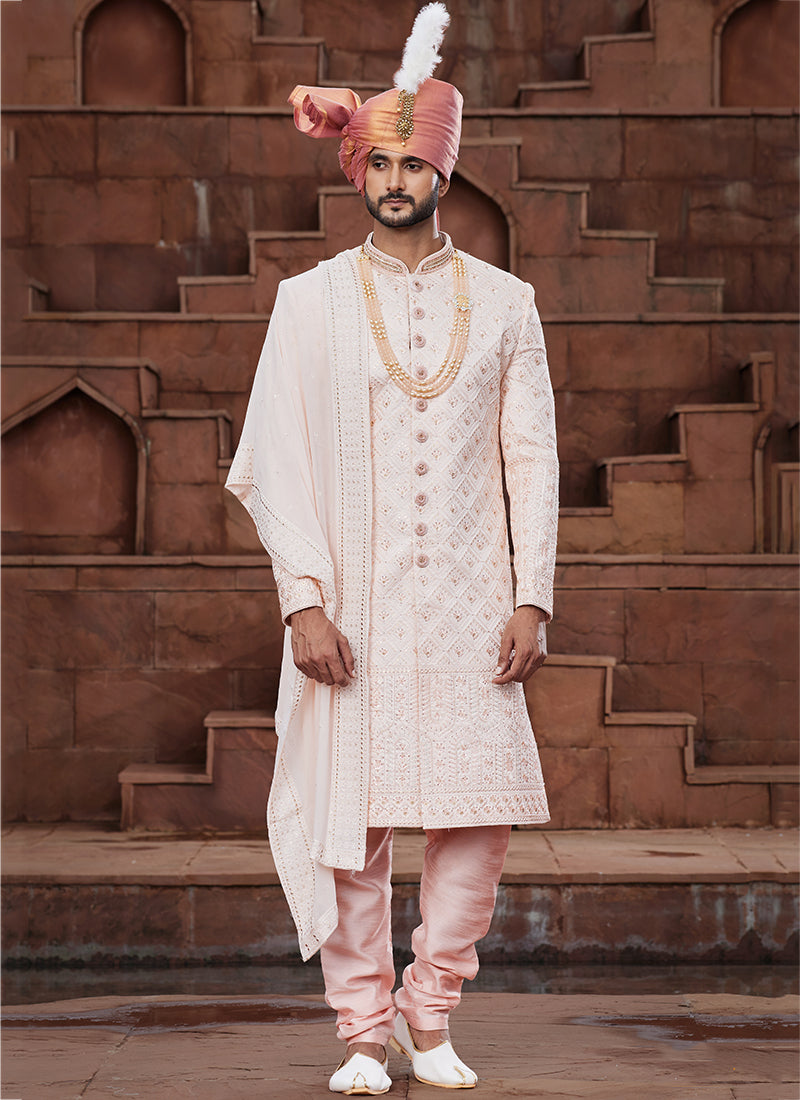 Peach Art Silk Wedding Wear Embroidery Work Readymade Mens Sherwani 334166