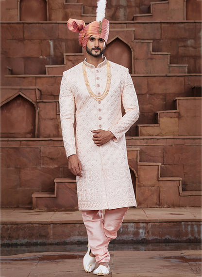 Peach Art Silk Wedding Wear Embroidery Work Readymade Mens Sherwani 334166