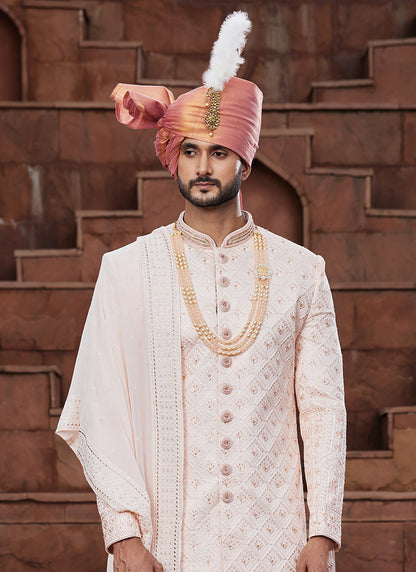 Peach Art Silk Wedding Wear Embroidery Work Readymade Mens Sherwani 334166