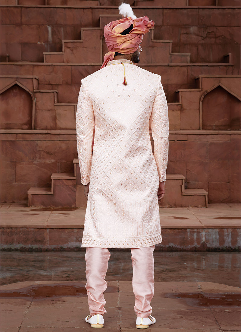 Peach Art Silk Wedding Wear Embroidery Work Readymade Mens Sherwani 334166