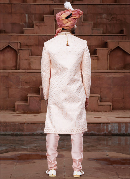 Peach Art Silk Wedding Wear Embroidery Work Readymade Mens Sherwani 334166